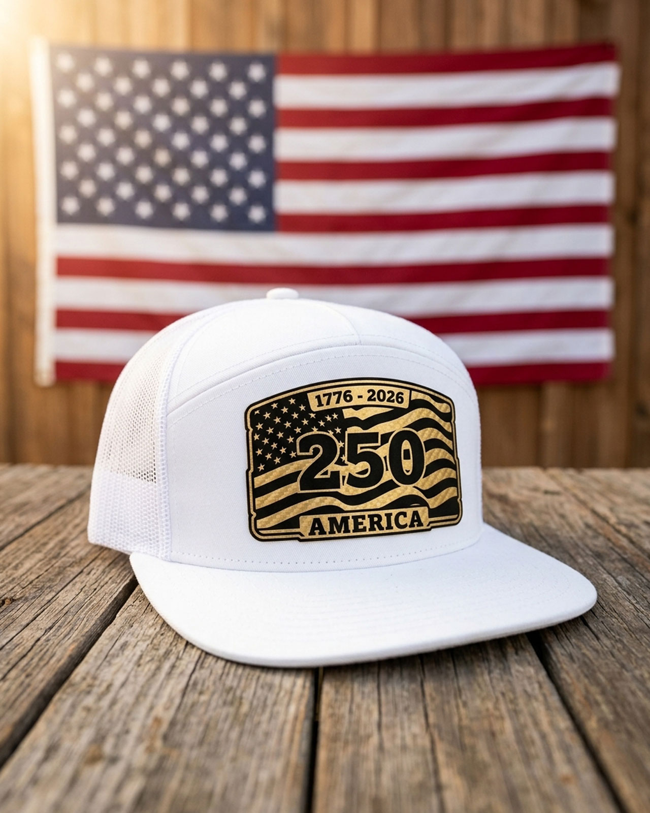 White 250 trucker hat with a gold flag patch