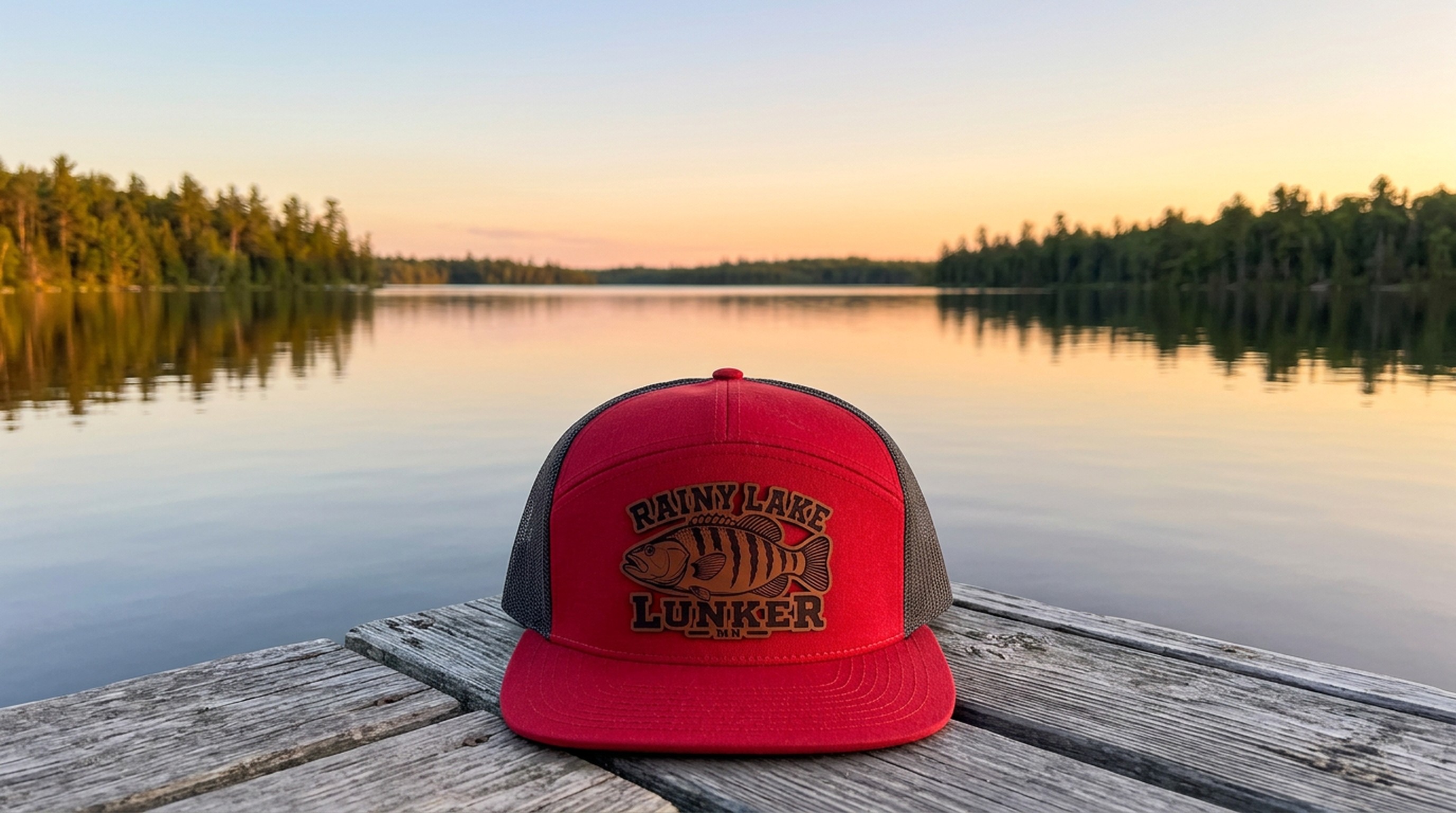 Rainy Lake Lunker leatherette patch trucker hat