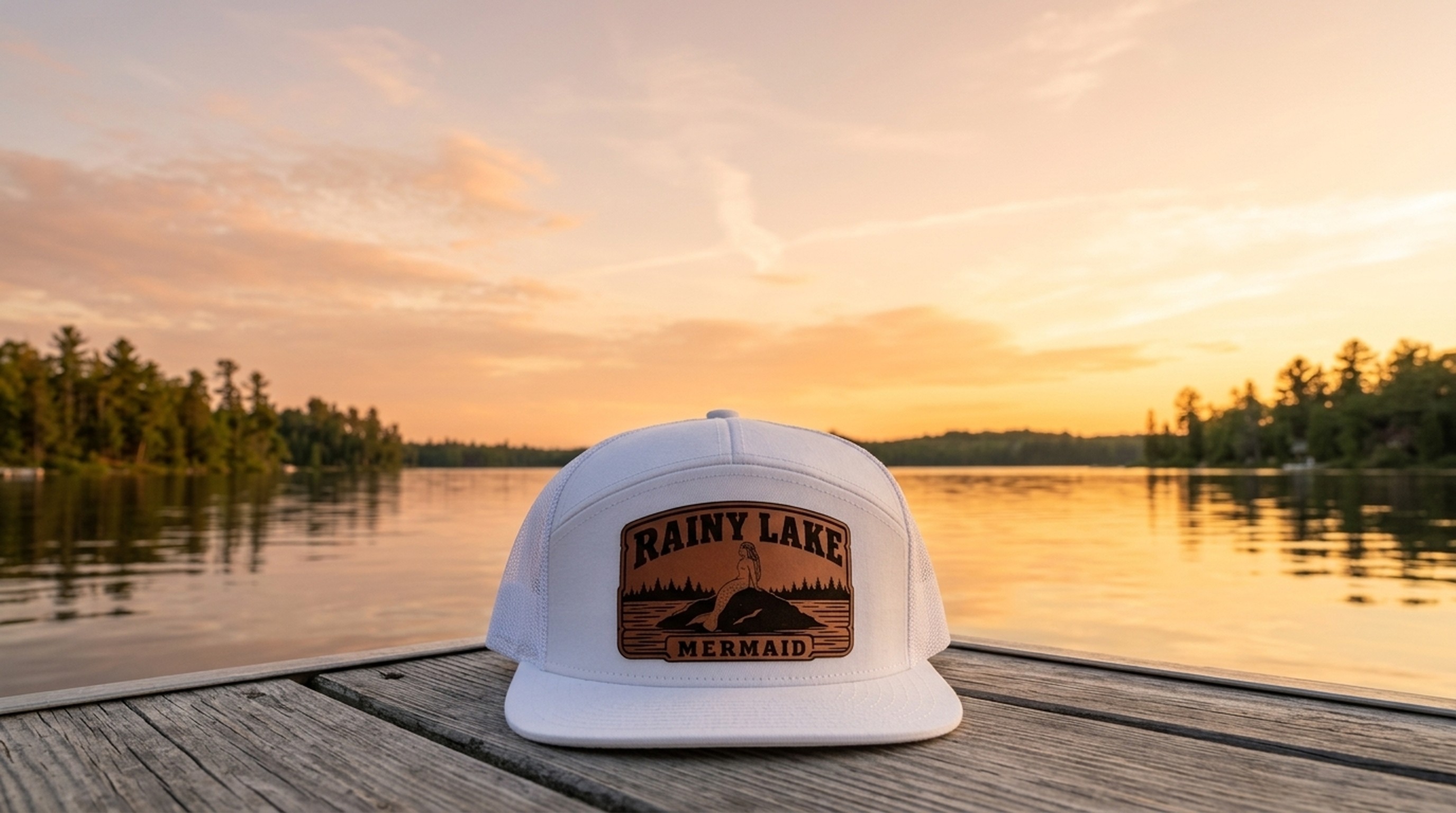 Rainy Lake Mermaid leatherette patch trucker hat