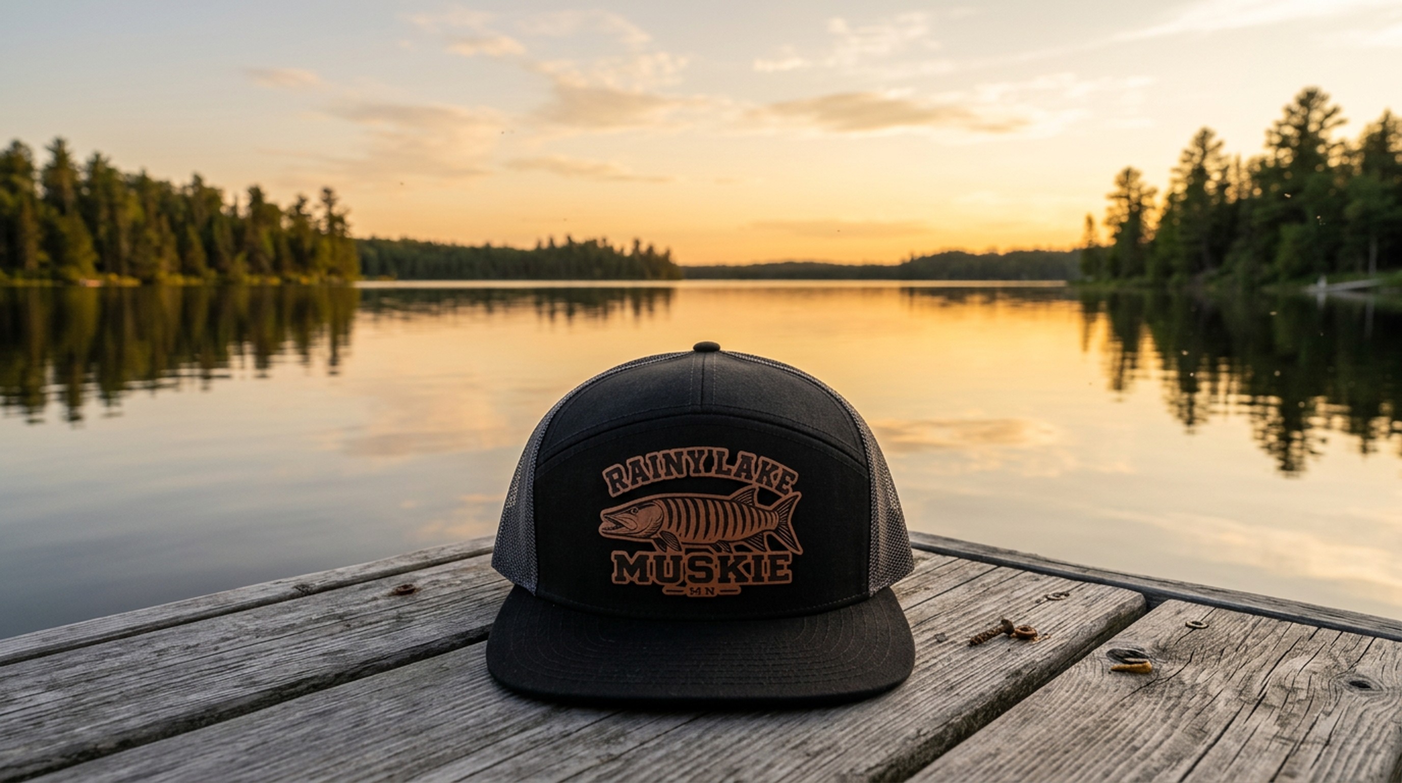 Rainy Lake Muskie leatherette patch trucker hat